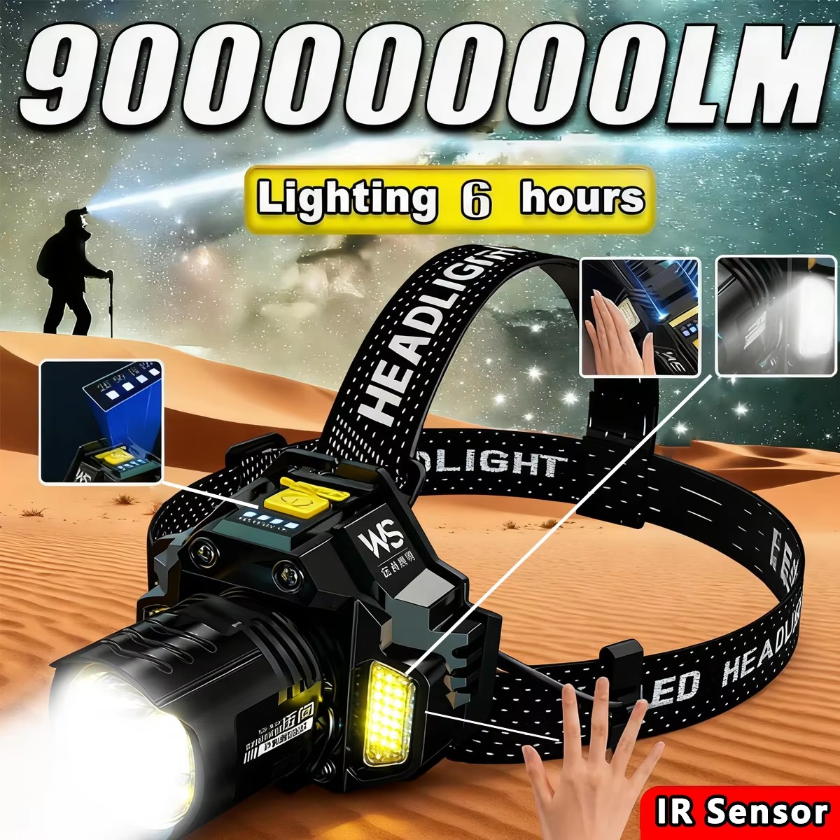 Outdoor Lighting Sensor - Potente linterna frontal LED recargable con